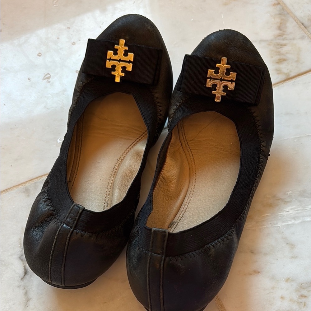 Tory Burch Black Leather Flats with Gold Logo